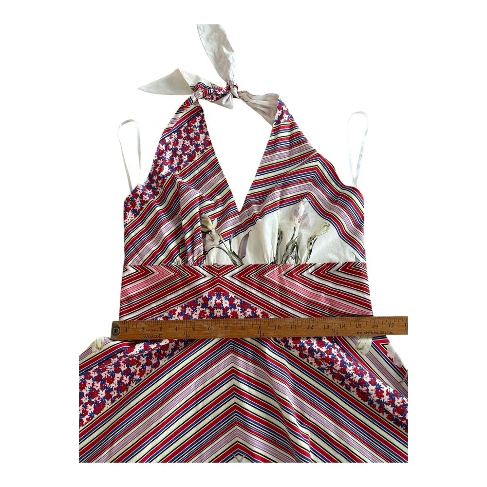 Alexia Admit Dress Women 12 Red Multi Halter Backless Striped Floral Lined Flare